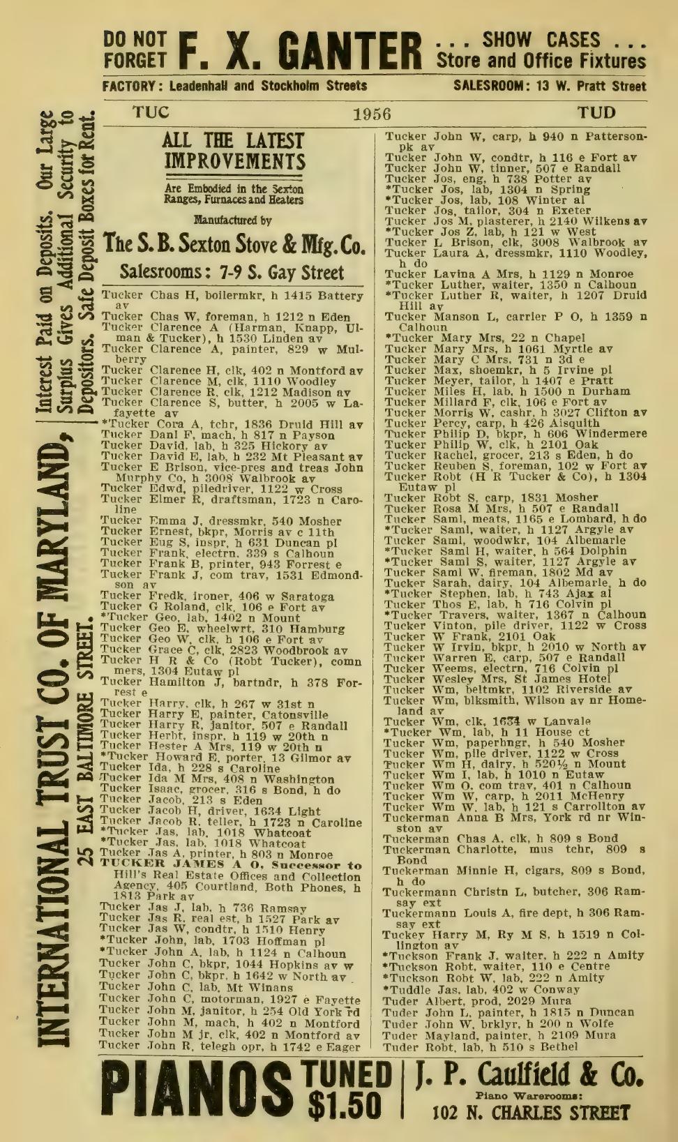 Full page from the 1908 Baltimore City Directory listing Charles, Charlotte and Minnie Tuckerman at 809 South Bond Street.