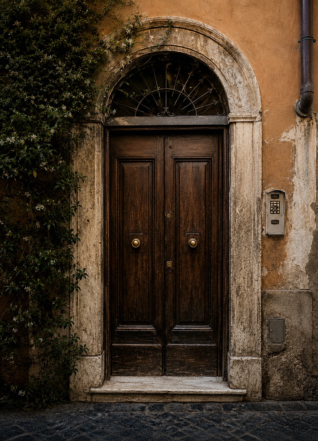 A heavy wooden door marked 22 on Vicolo Moroni in Trastevere, Rome