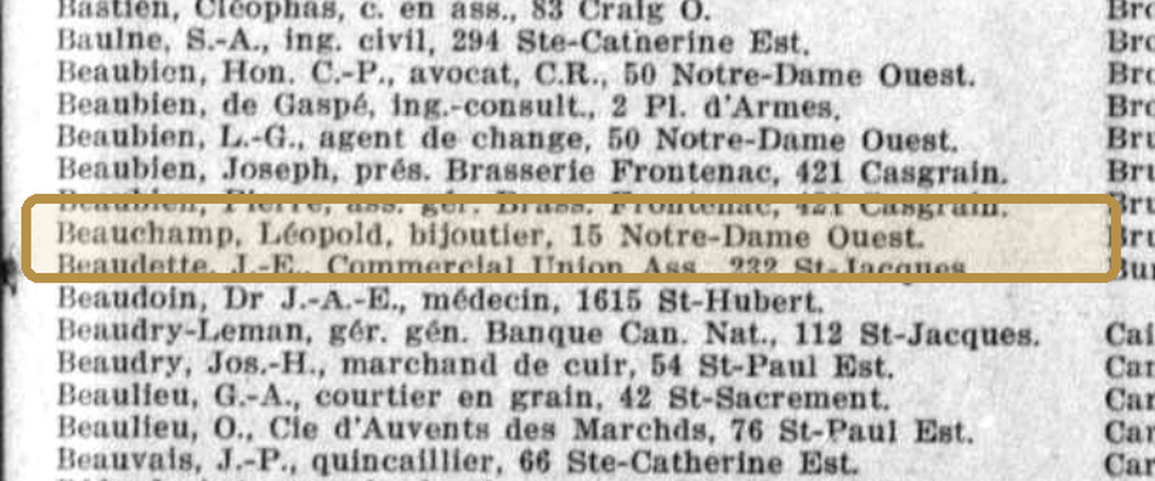 Detail of the 1927 directory entry reading Beauchamp, Léopold, bijoutier, 15 Notre-Dame Ouest.