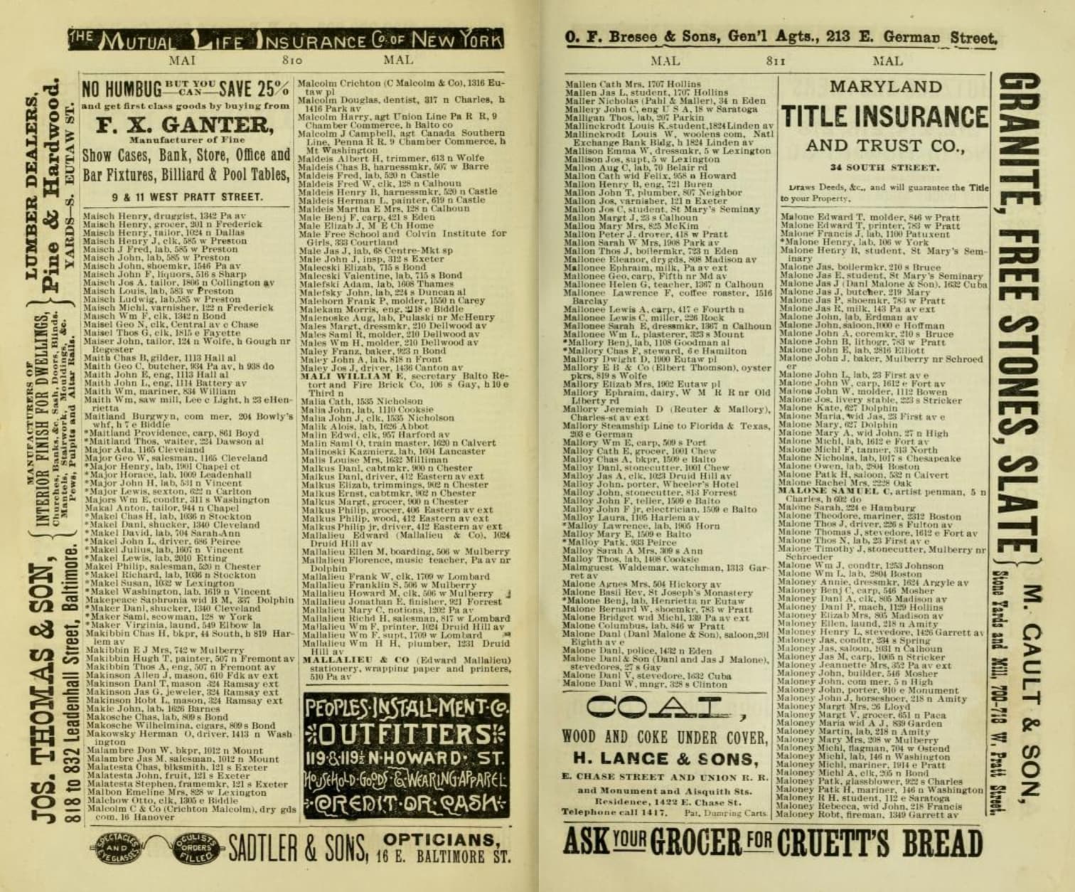 Page from the 1890 Baltimore city directory listing Charles and Wilhelmina Makosche at 809 South Bond Street.