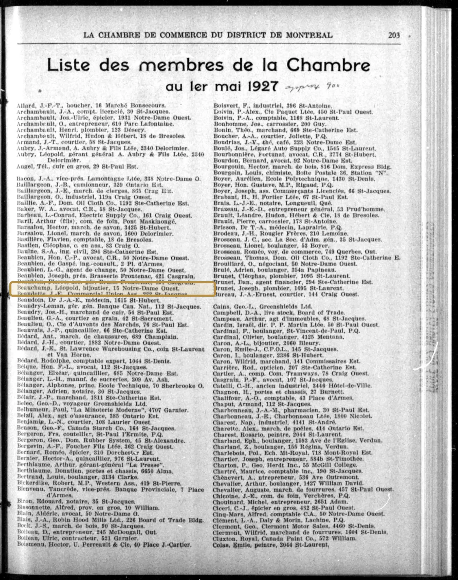 Page from the May 1927 Bulletin de la Chambre de commerce du district de Montréal with the Léopold Beauchamp entry highlighted.