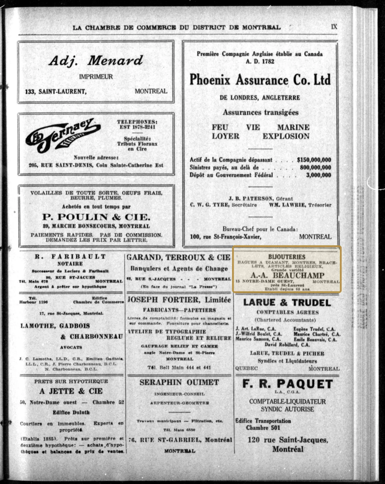 Page from the May 1927 Montréal Chamber of Commerce bulletin with the A.-A. Beauchamp Bijouteries advertisement highlighted.