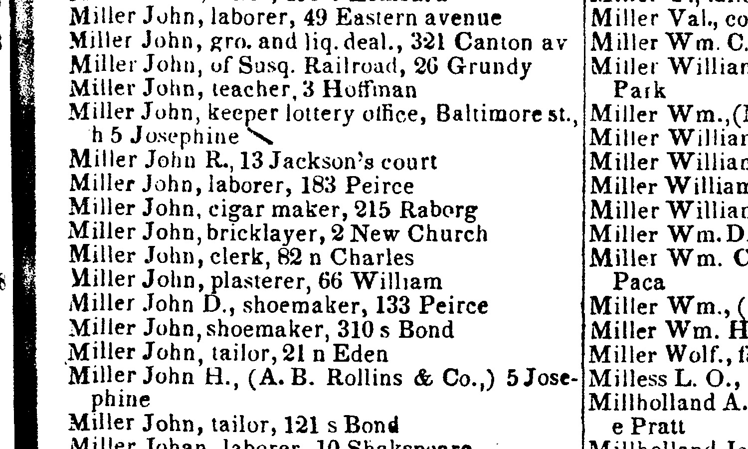 Detail from the 1855–56 Baltimore city directory listing John Miller, shoemaker, at 310 South Bond Street.