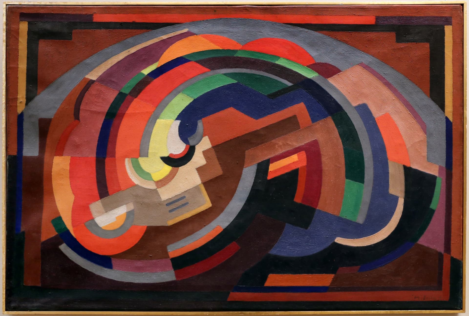Mainie Jellett's Composition, circa 1930–1939, an abstract painting of interlocking geometric forms.