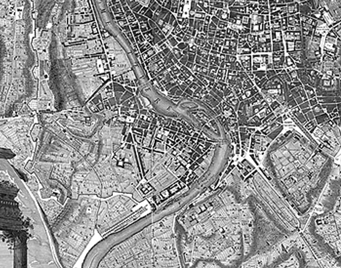 Detail of Giambattista Nolli's Nuova Pianta di Roma of 1748 showing the Trastevere bank of the Tiber
