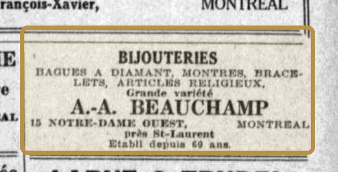 Detail of the 1927 A.-A. Beauchamp Bijouteries advertisement at 15 Notre-Dame Ouest.