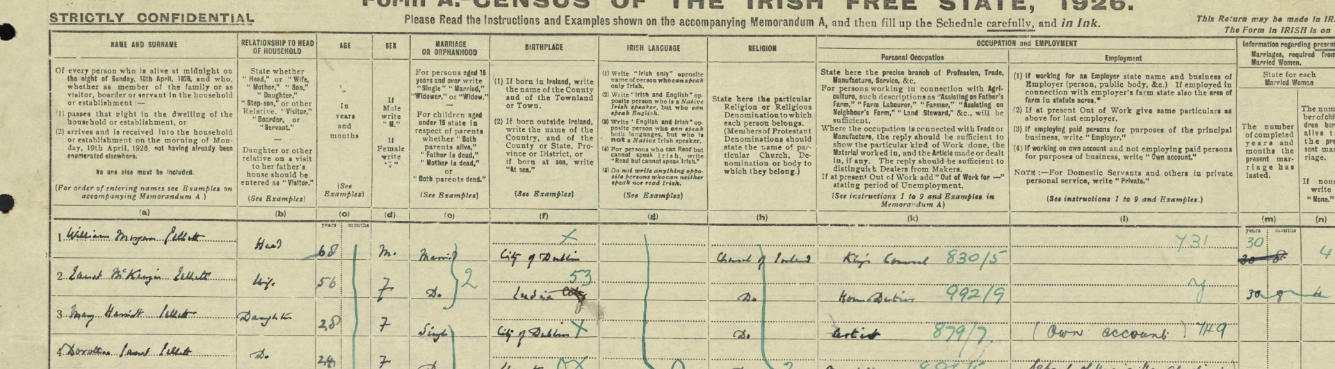 Detail from the 1926 census recording Mainie Jellett's occupation as Artist—Own Account.