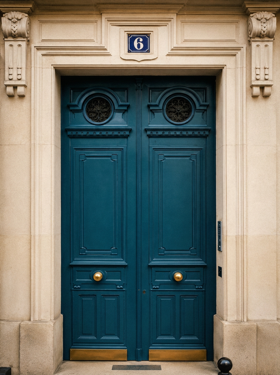 A blue-painted doorway on a Parisian street, framed in weathered stone