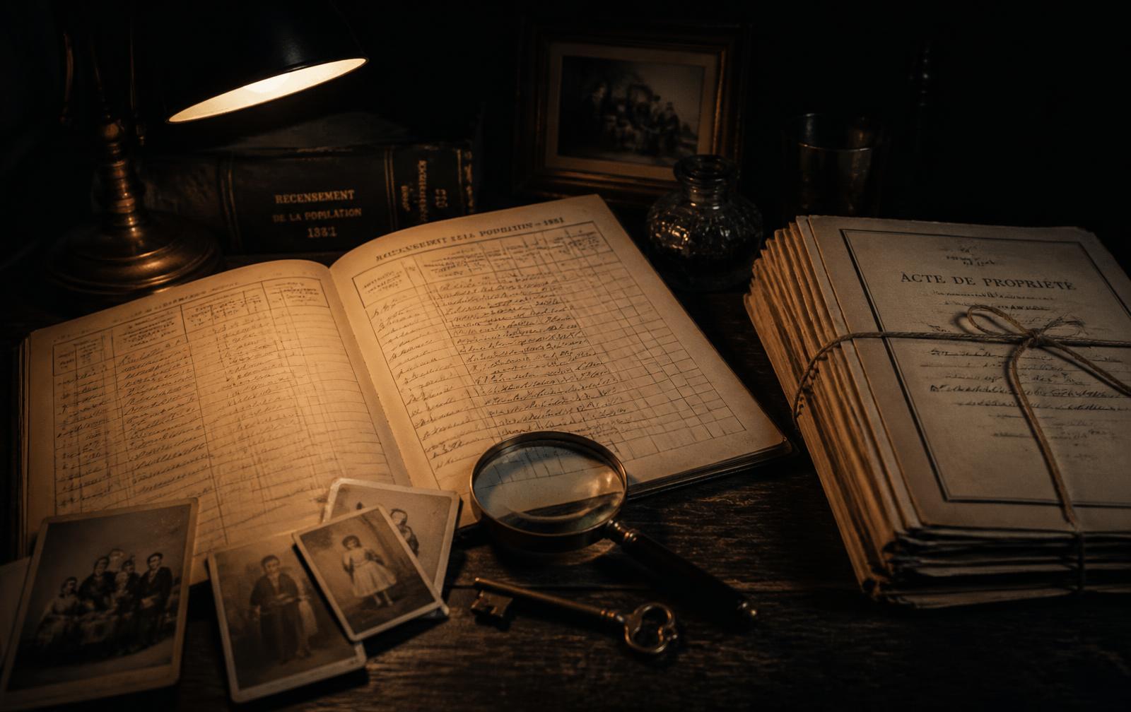 A research desk with census pages, directories and old photographs