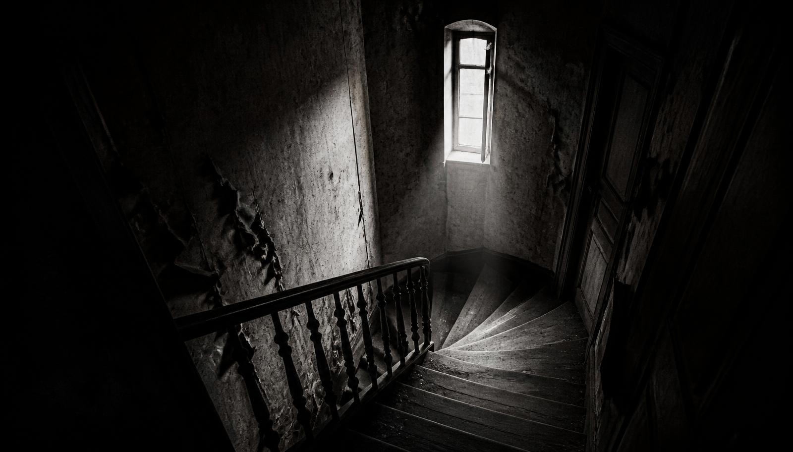 A narrow winding staircase in an abandoned building, peeling wallpaper lit from a high window